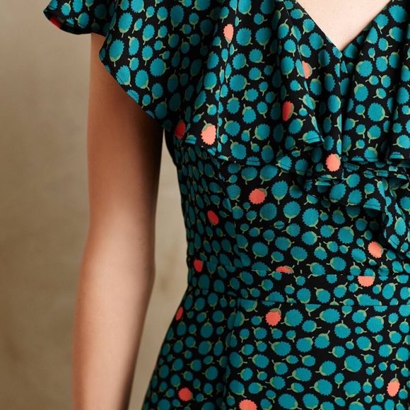 Anthropologie HD in Paris Dress Sz 0 Black Green Floral Faux Wrap ruffle V-neck - Picture 7 of 15
